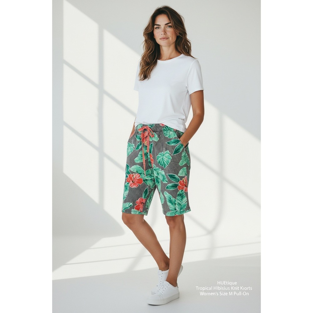 HUEtique Women Tropical Hibiscus Knit Shorts M Black White Pinstripe Pull-On